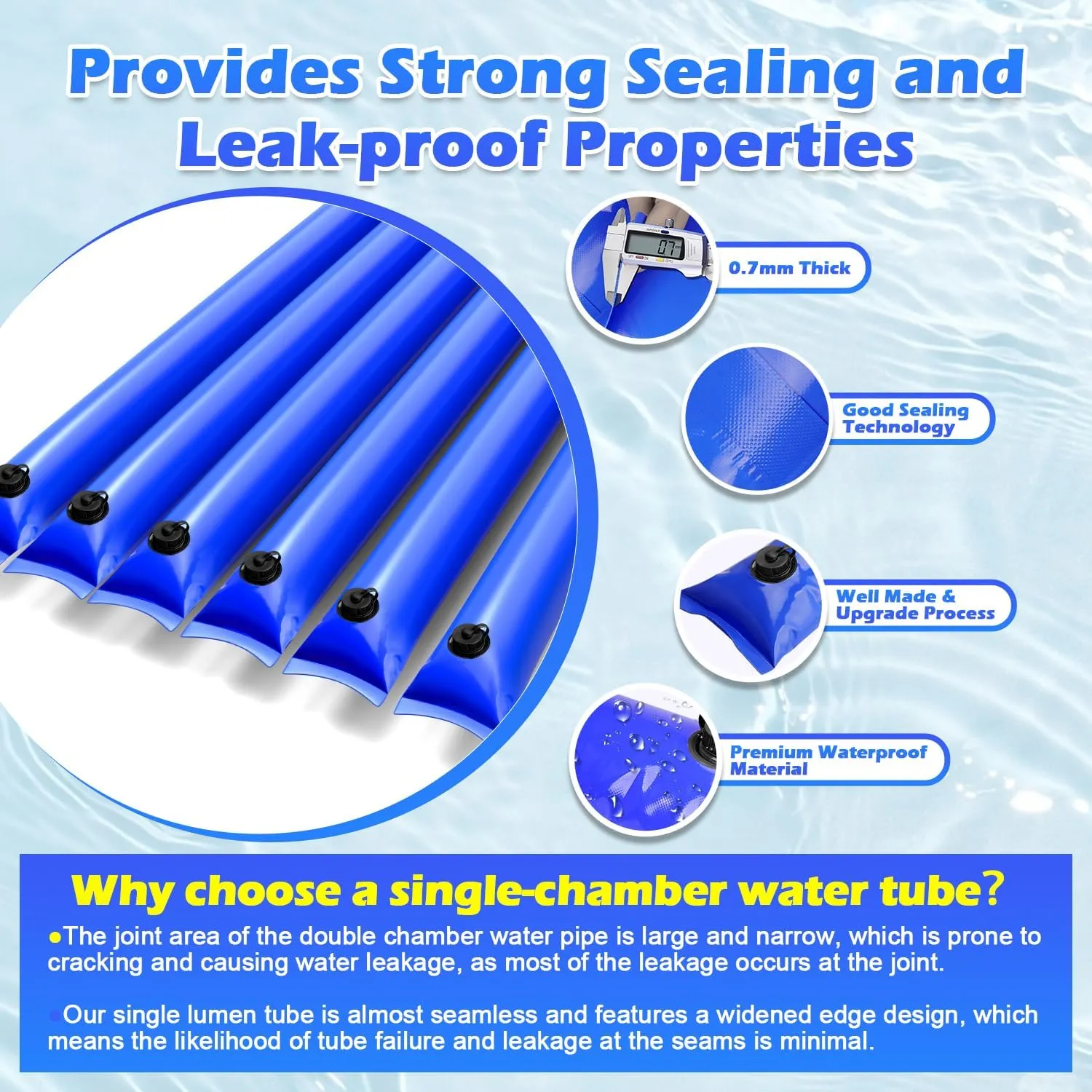 1 Pack 0.7mm Thicker Pool Cover Water Bags, 10FT Blue Single Chamber Water Tubes for Inground Swimming Pool Winter Cover, Three-Layer Composite Material