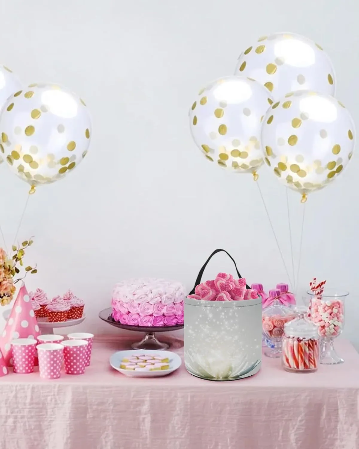 1 Piece Halloween Trick or Treat Candy Bags,White Bling Chic Flower Reusable Goody Bucket Collapsible Candy Tote Bag for Holiday Gift Basket Party Favor,Water Lily Flower Bloom in Pond
