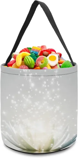 1 Piece Halloween Trick or Treat Candy Bags,White Bling Chic Flower Reusable Goody Bucket Collapsible Candy Tote Bag for Holiday Gift Basket Party Favor,Water Lily Flower Bloom in Pond