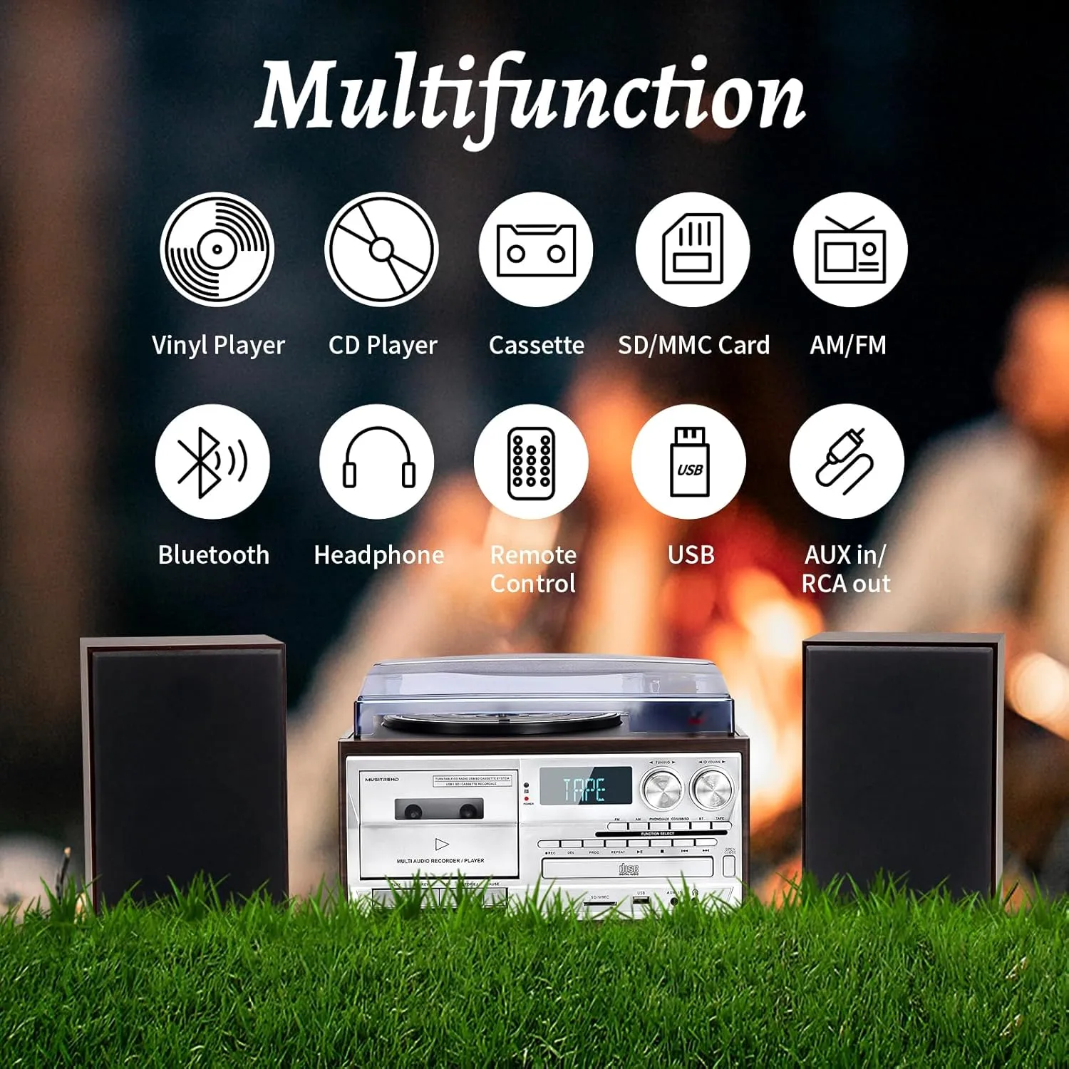 10 in 1 Record Player with External Speakers,3 Speed Bluetooth Turntable Vinyl Player with CD/Cassette Play,AM/FM Radio, USB/SD Playback,Aux-in/RCA Line Out