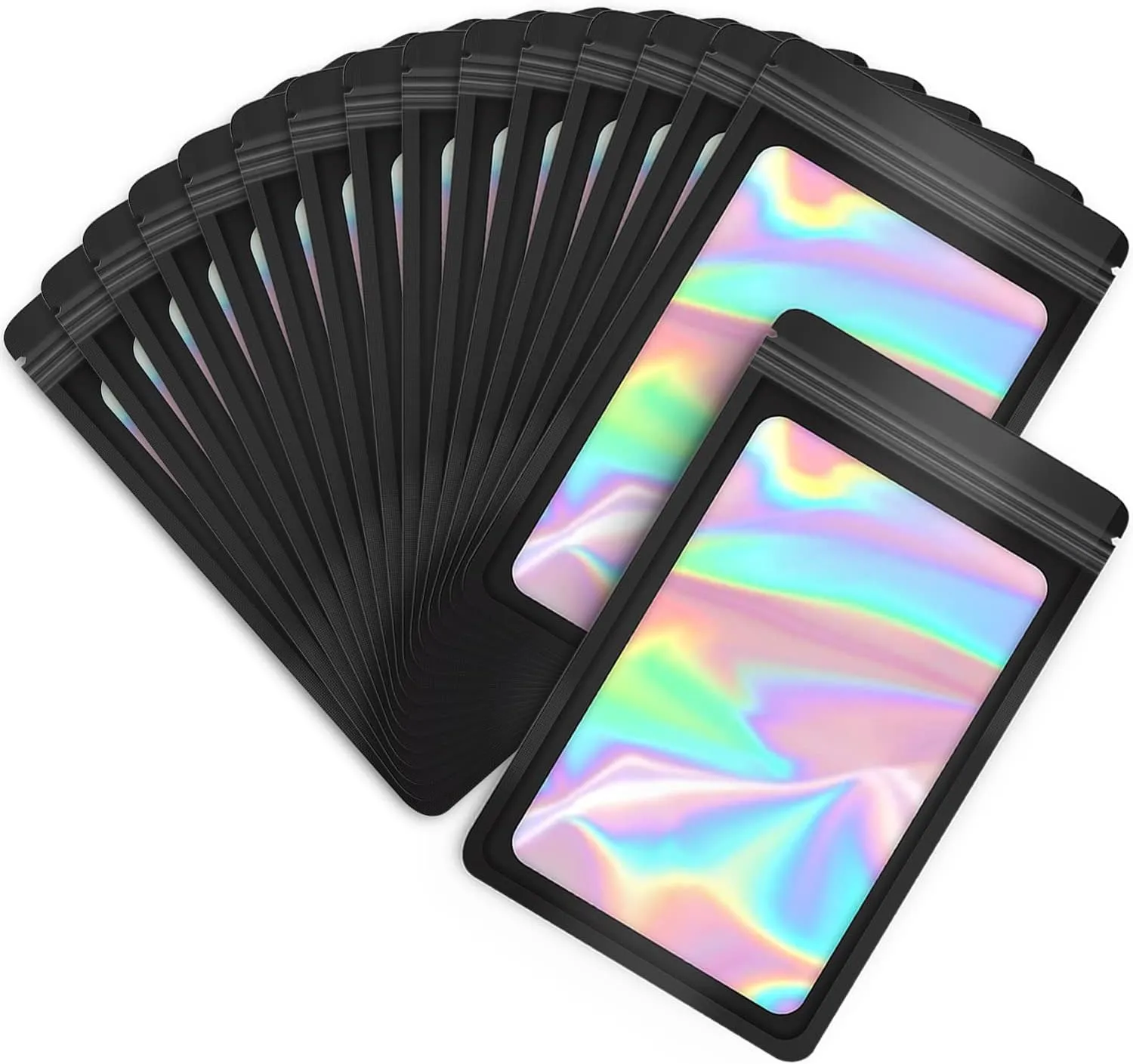 100-pack 5×8 inch mylar bags with clear window holographic resealable sealable packaging zip bag for small bussiness jewelry candy sample food packing supplies （black）