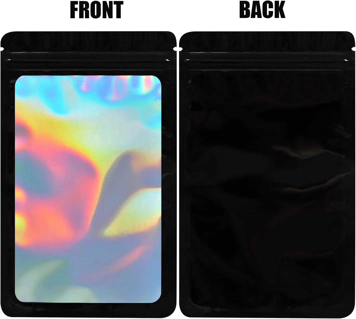 100-pack 5×8 inch mylar bags with clear window holographic resealable sealable packaging zip bag for small bussiness jewelry candy sample food packing supplies （black）