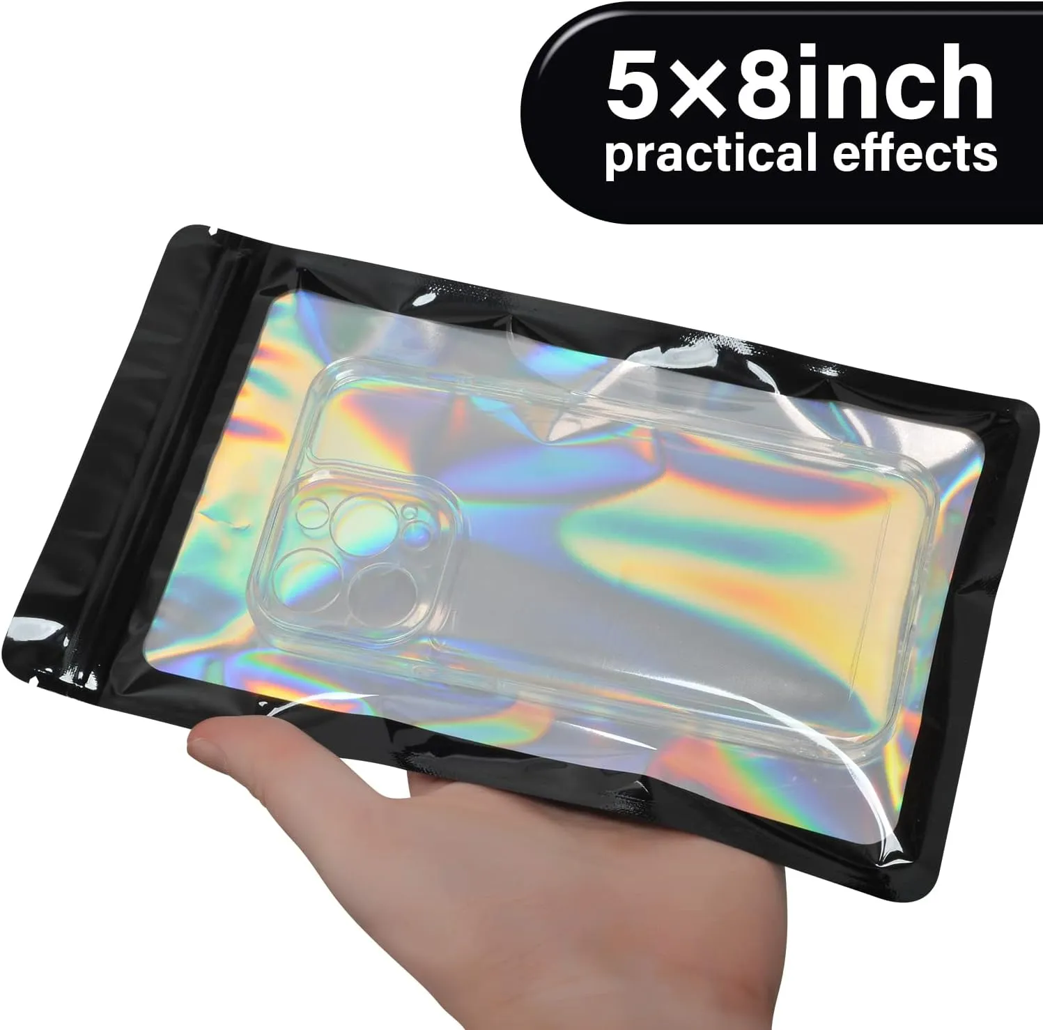100-pack 5×8 inch mylar bags with clear window holographic resealable sealable packaging zip bag for small bussiness jewelry candy sample food packing supplies （black）