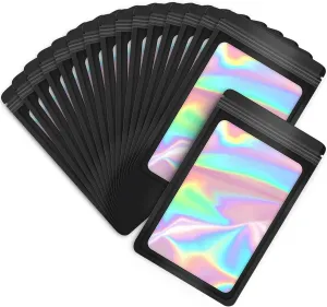 100-pack 5×8 inch mylar bags with clear window holographic resealable sealable packaging zip bag for small bussiness jewelry candy sample food packing supplies （black）