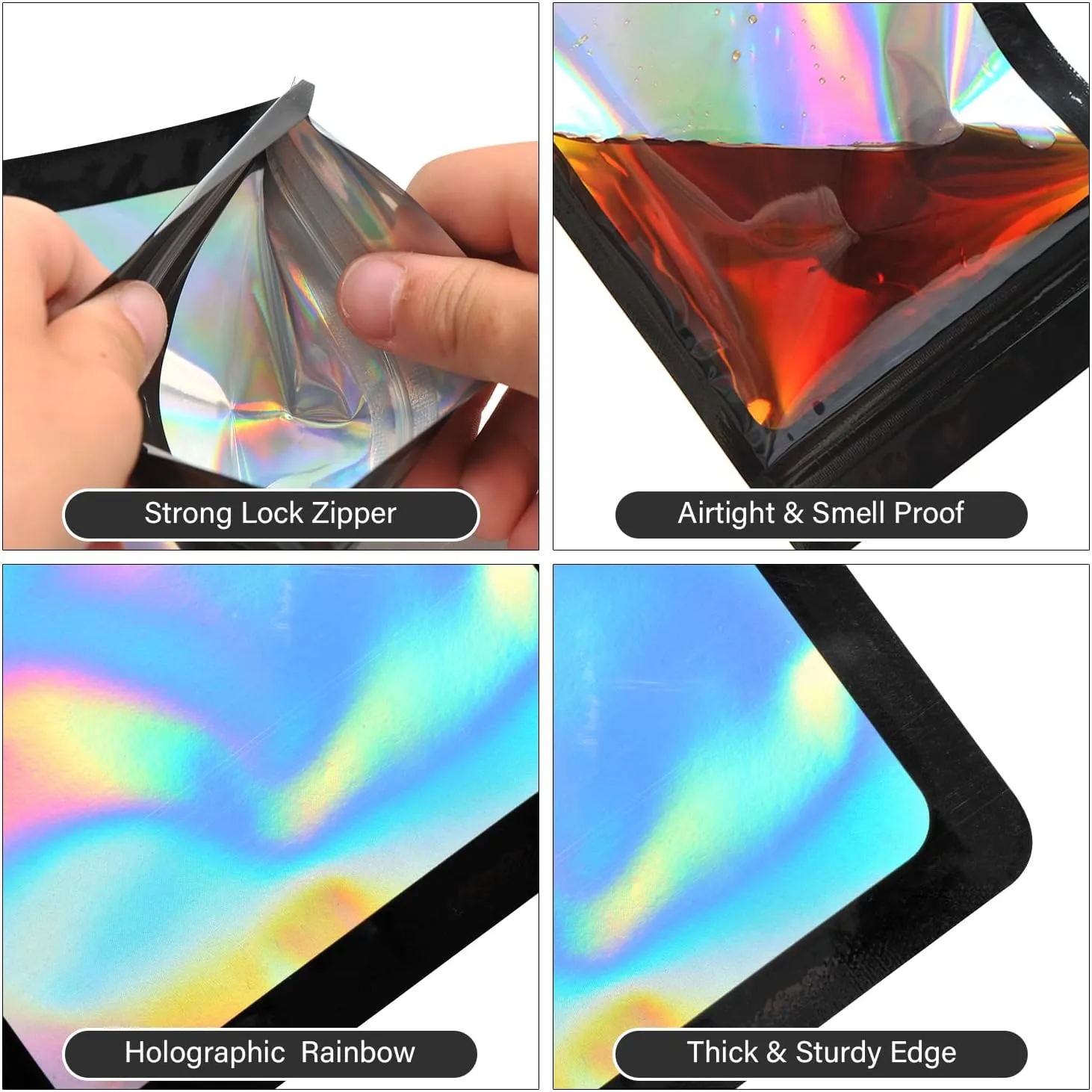 100-pack 5×8 inch mylar bags with clear window holographic resealable sealable packaging zip bag for small bussiness jewelry candy sample food packing supplies （black）