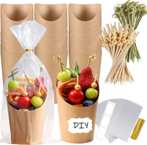 100 Pcs Charcuterie Cups with Sticks 16oz, Individual Disposable Handheld Holder with 100 Bags 100 Lables 200 Cocktail Skewers Tooth Picks, Paper Appetizer Board Snack Boxes for French Fry, Brown