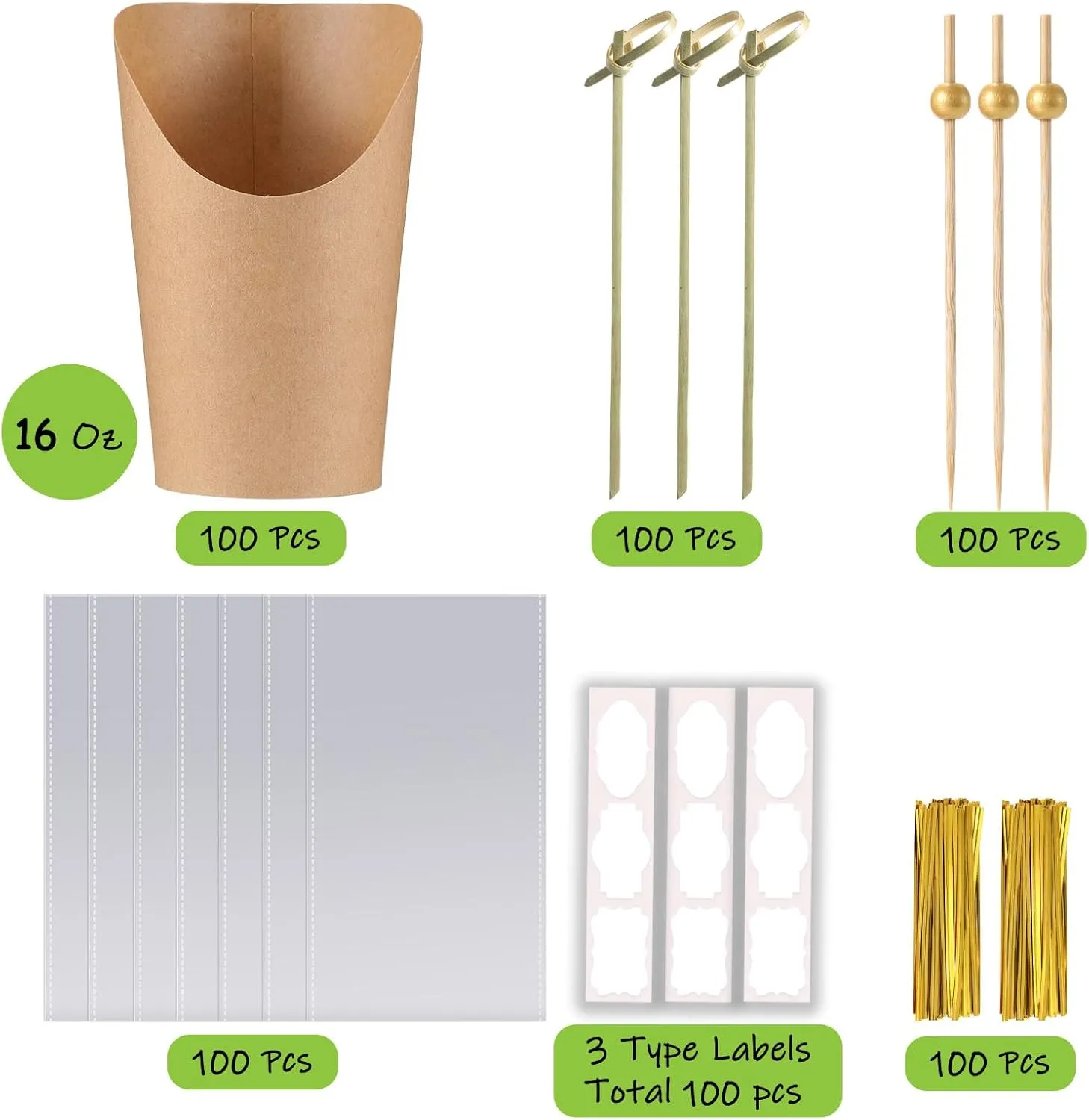 100 Pcs Charcuterie Cups with Sticks 16oz, Individual Disposable Handheld Holder with 100 Bags 100 Lables 200 Cocktail Skewers Tooth Picks, Paper Appetizer Board Snack Boxes for French Fry, Brown