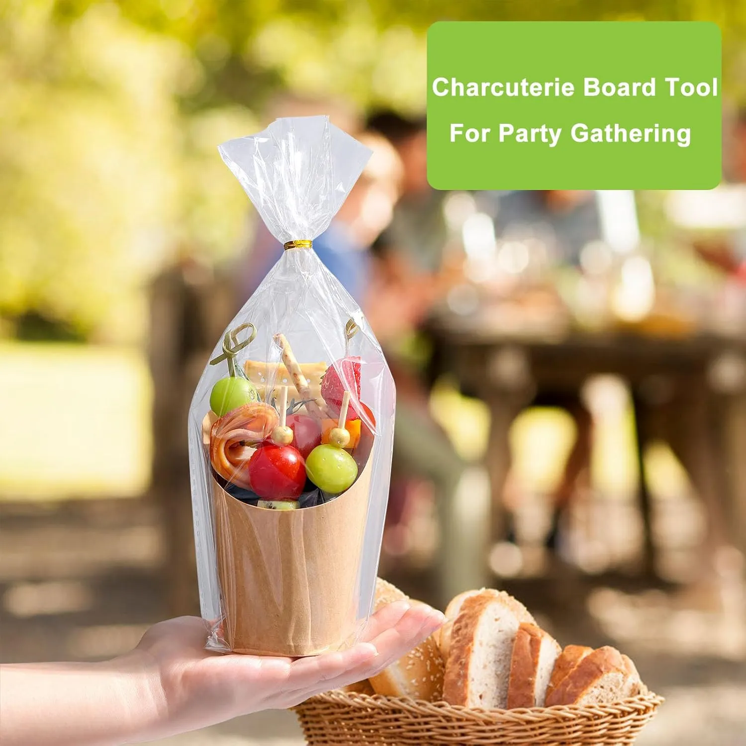 100 Pcs Charcuterie Cups with Sticks 16oz, Individual Disposable Handheld Holder with 100 Bags 100 Lables 200 Cocktail Skewers Tooth Picks, Paper Appetizer Board Snack Boxes for French Fry, Brown