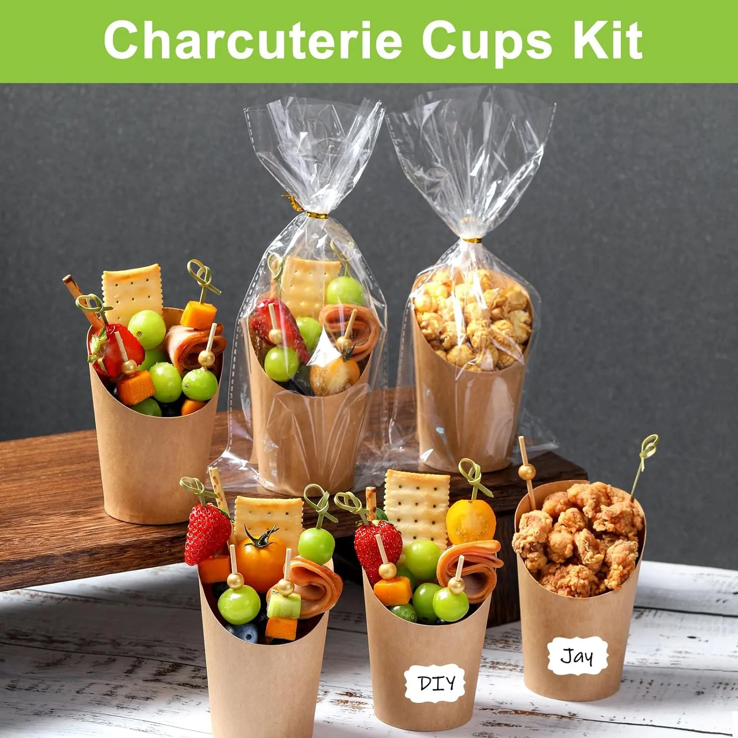 100 Pcs Charcuterie Cups with Sticks 16oz, Individual Disposable Handheld Holder with 100 Bags 100 Lables 200 Cocktail Skewers Tooth Picks, Paper Appetizer Board Snack Boxes for French Fry, Brown