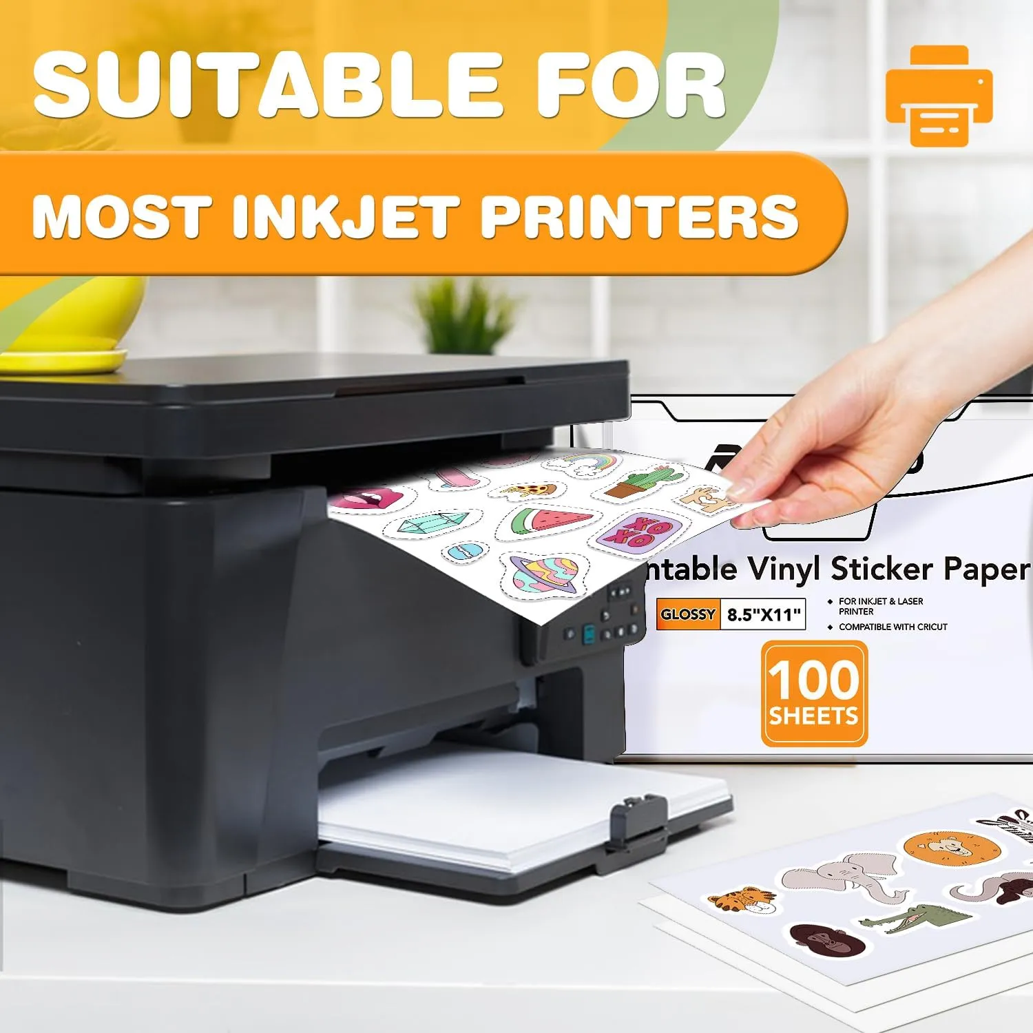 100 PCS Sticker Paper for Inkjet Printer，Printable Vinyl Sticker Paper Dries Quickly Vivid Colors，8.5"x11" Tear Resistant Printable Vinyl，Glossy White,Inkjet & Laser Printer