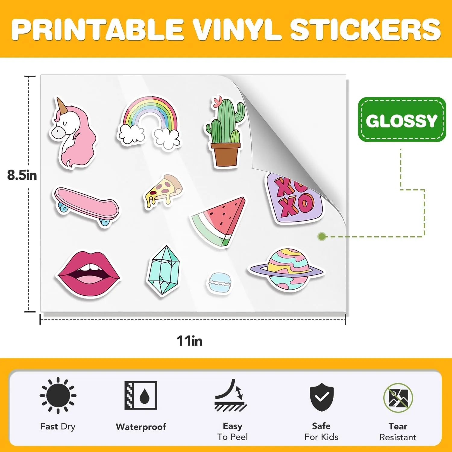 100 PCS Sticker Paper for Inkjet Printer，Printable Vinyl Sticker Paper Dries Quickly Vivid Colors，8.5"x11" Tear Resistant Printable Vinyl，Glossy White,Inkjet & Laser Printer