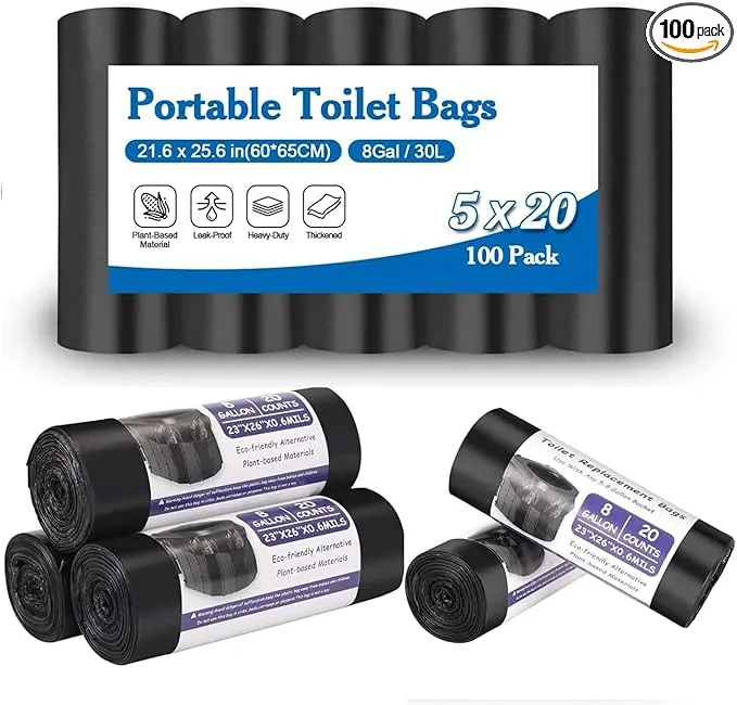 100 Portable Toilet Bags 8 Gallon, Thickened Biodegradable Camping Toilet Bags, Compostable Toilet Waste Bags for 5 Gallon Bucket Toilet, Outdoor Boating Travel Toilet Bags for Travel, Boating