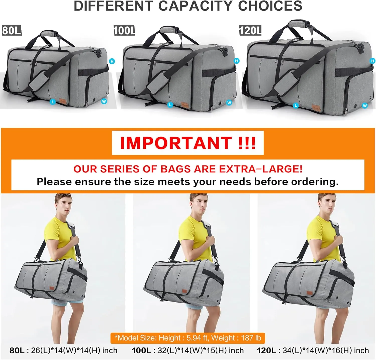 100L Travel Duffle Bag for Men, Urtala 32” Large Duffle Bag for Traveling with Shoe Compartment, Foldable Travel Duffel Bag Weekender Bag Gym Bag for Men Women Waterproof & Tear Resistant (Gray)