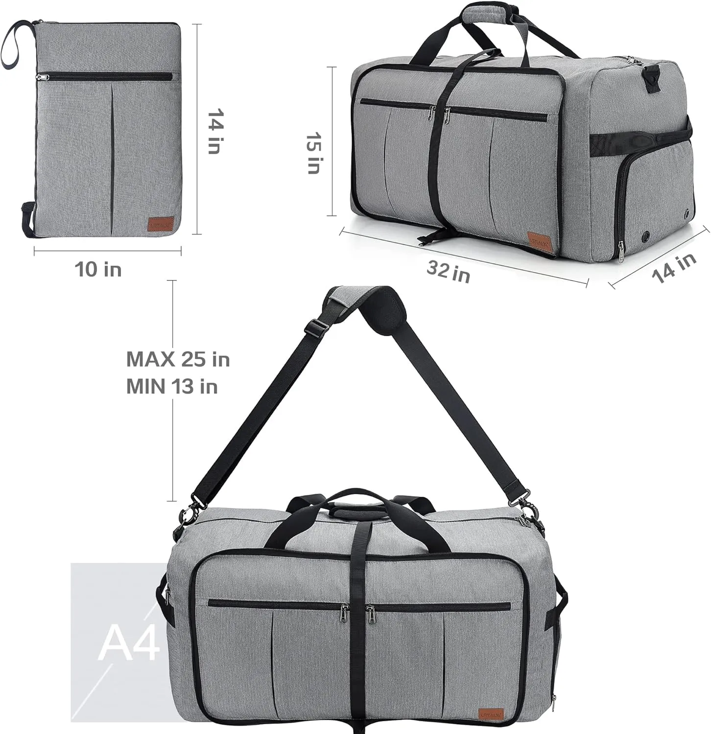 100L Travel Duffle Bag for Men, Urtala 32” Large Duffle Bag for Traveling with Shoe Compartment, Foldable Travel Duffel Bag Weekender Bag Gym Bag for Men Women Waterproof & Tear Resistant (Gray)