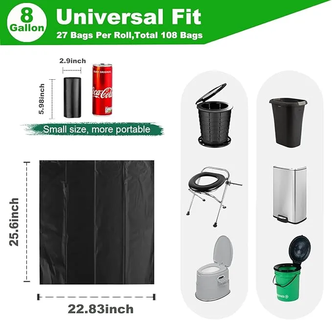 108 Portable Toilet Bags, 8 Gallon Biodegradable Camping Toilet Bags for Portable Potty, Thickened Compostable Toilet Waste Bags for 5 Gallon Bucket Trash Can Bin Liner RV Toilet Camping Car Outdoor