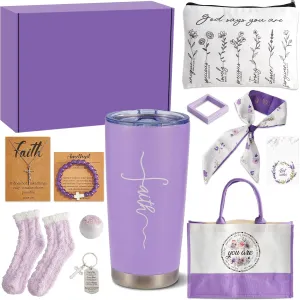 11Pcs Purple Christian Gifts for Women Faith Spiritual Inspirational Religious Catholic Gift for Mom Girlfriend Wife Friend Sister Birthday Includes Tumbler Tote Bag Necklace Bracelet Socks Scarf Set
