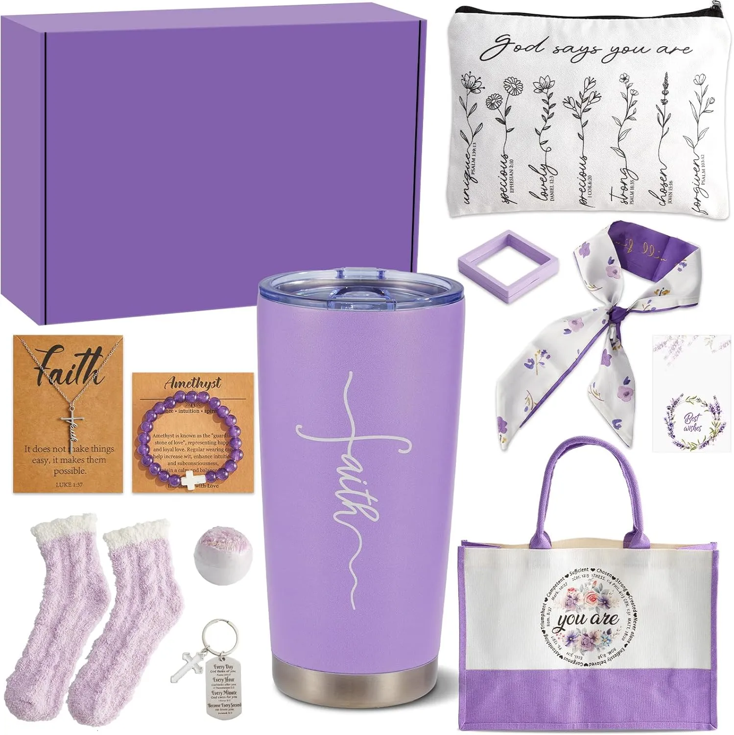 11Pcs Purple Christian Gifts for Women Faith Spiritual Inspirational Religious Catholic Gift for Mom Girlfriend Wife Friend Sister Birthday Includes Tumbler Tote Bag Necklace Bracelet Socks Scarf Set