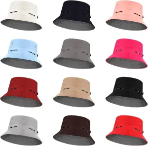 12 Pcs Bucket Hat Summer Adjustable UV Protection Hat Bulk Wide Brim with Strings for Beach Camping Hiking