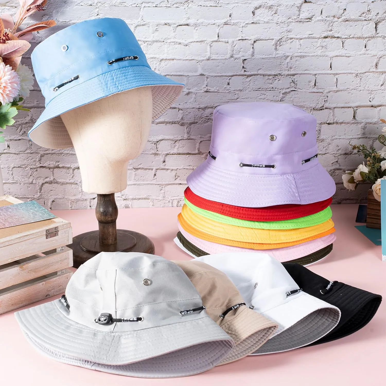 12 Pcs Bucket Hat Summer Adjustable UV Protection Hat Bulk Wide Brim with Strings for Beach Camping Hiking