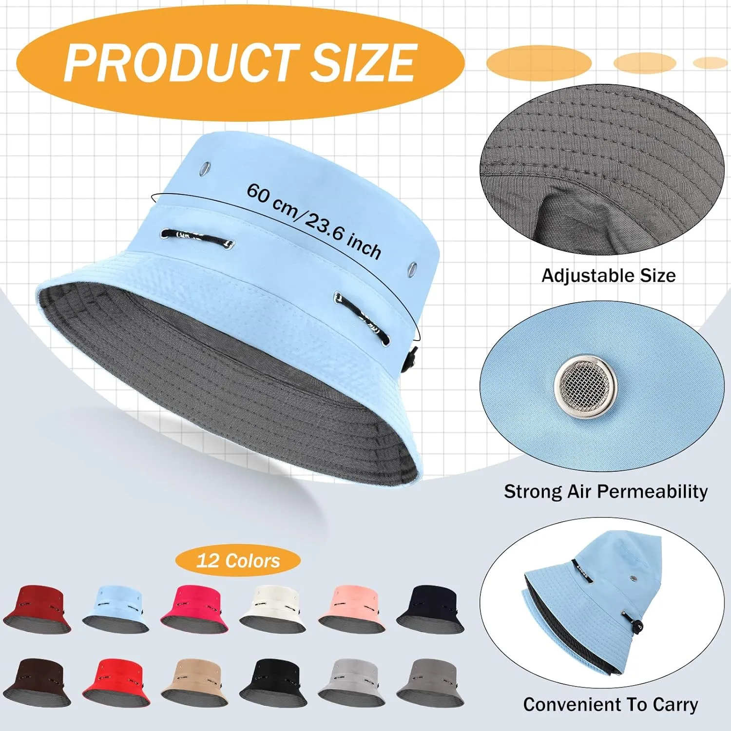 12 Pcs Bucket Hat Summer Adjustable UV Protection Hat Bulk Wide Brim with Strings for Beach Camping Hiking