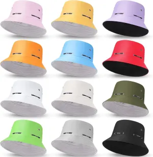 12 Pcs Bucket Hat Summer Adjustable UV Protection Hat Bulk Wide Brim with Strings for Beach Camping Hiking