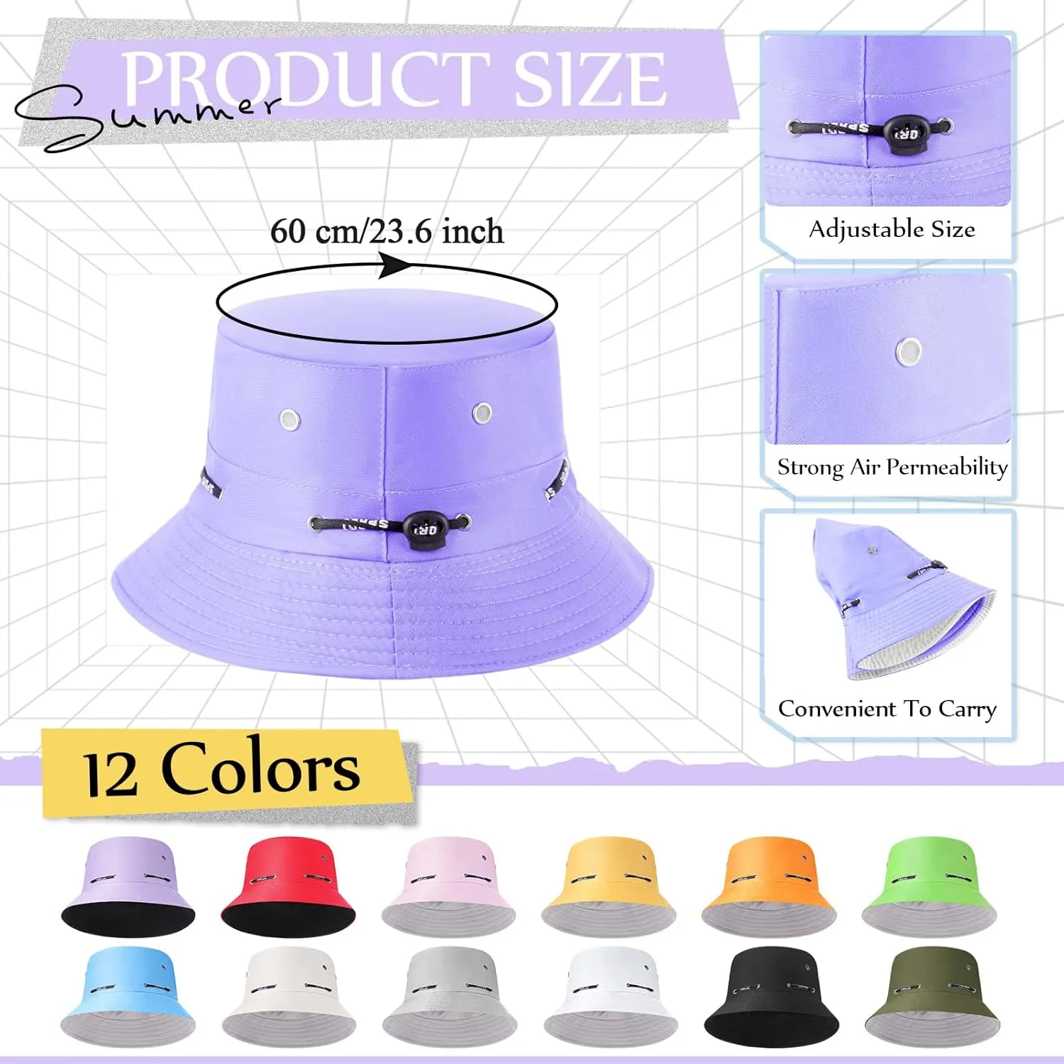 12 Pcs Bucket Hat Summer Adjustable UV Protection Hat Bulk Wide Brim with Strings for Beach Camping Hiking