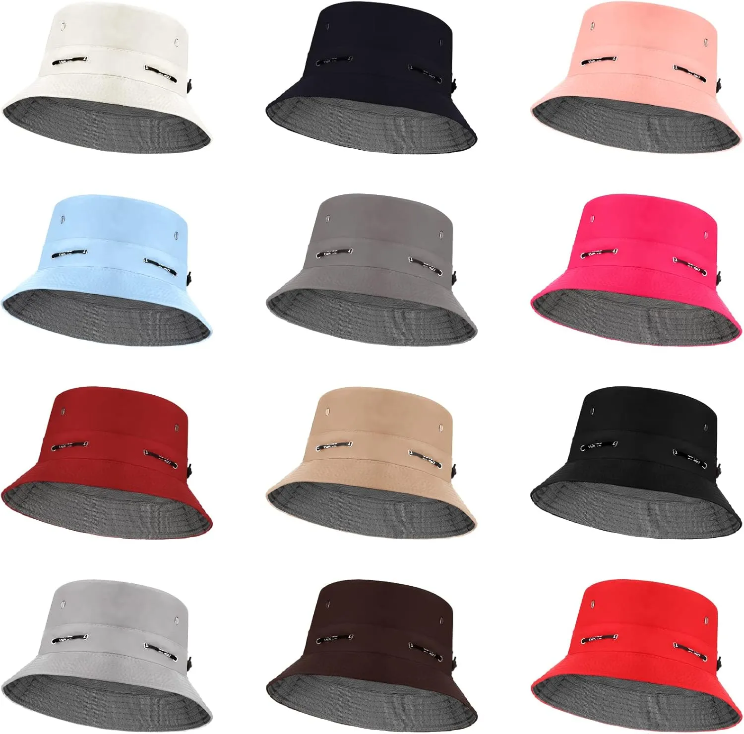 12 Pcs Bucket Hat Summer Adjustable UV Protection Hat Bulk Wide Brim with Strings for Beach Camping Hiking