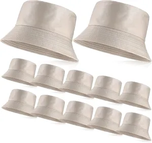 12 Pcs Bucket Hats for Women Men Unisex Athletic Fishing Cap Sun Hat with UV Protection Cotton Beach Foldable Solid Plain Color Packable Summer Cap for Travel Outdoor Sports, Beige