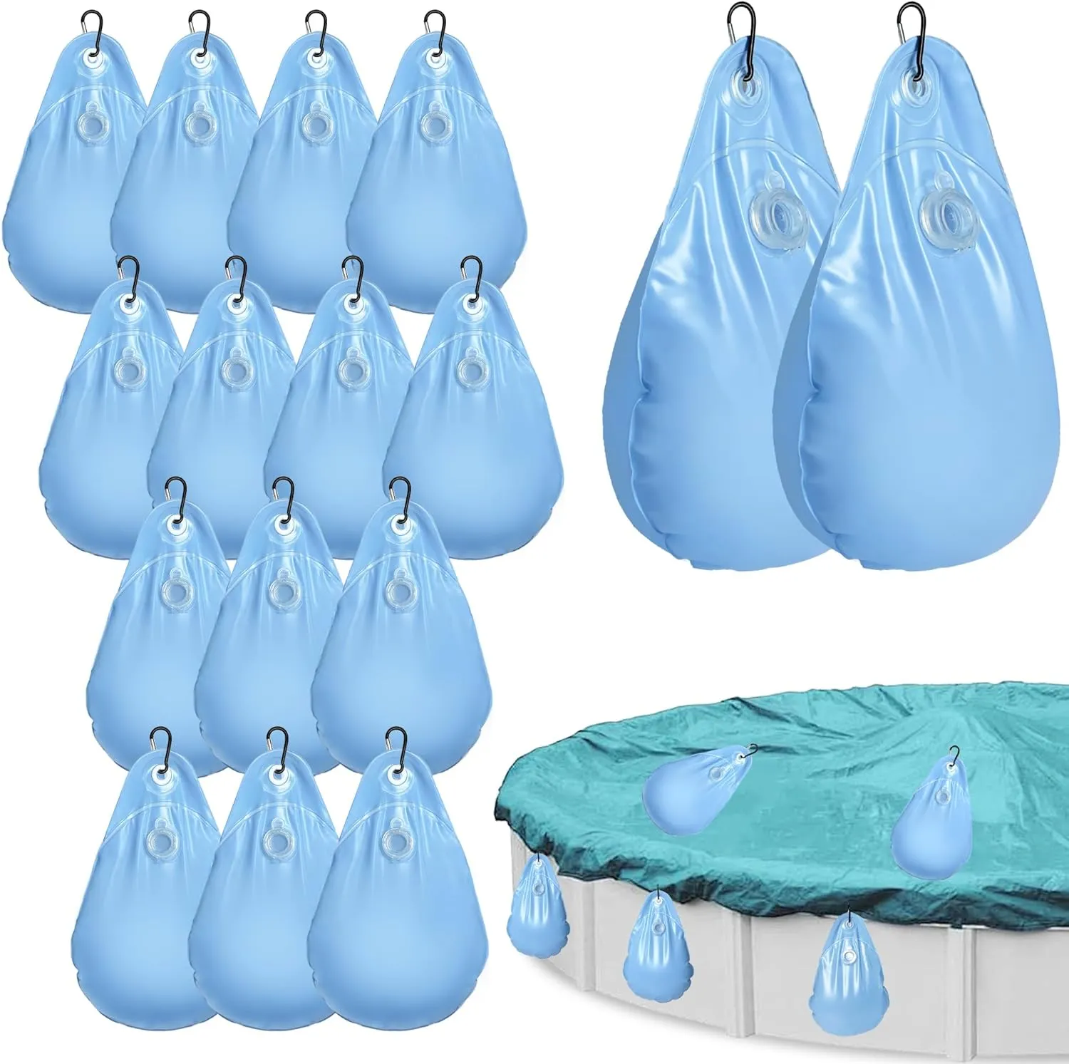 16 Packs Round Pool Cover Weights with Hooks, 13.5"x 9" PVC Leakproof Above Ground Pool Cover Weights, Heavy Duty Swimming Pool Cover Hanging Bag for Winter Pool Cover Hot Tub Weight Bags