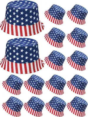 16 Pcs American Flag Bucket Hat Packable 4th of July Fisherman Hats USA Bucket Hat Patriotic Summer Travel Beach Sun Hat for Women Men