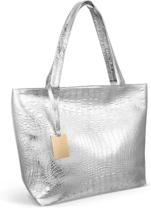 1Pc Large Capacity Women Handbag Silver Stylish Tote Bag for School Work Versatile Shoulder Bag PU Material Shopping Bag for Women