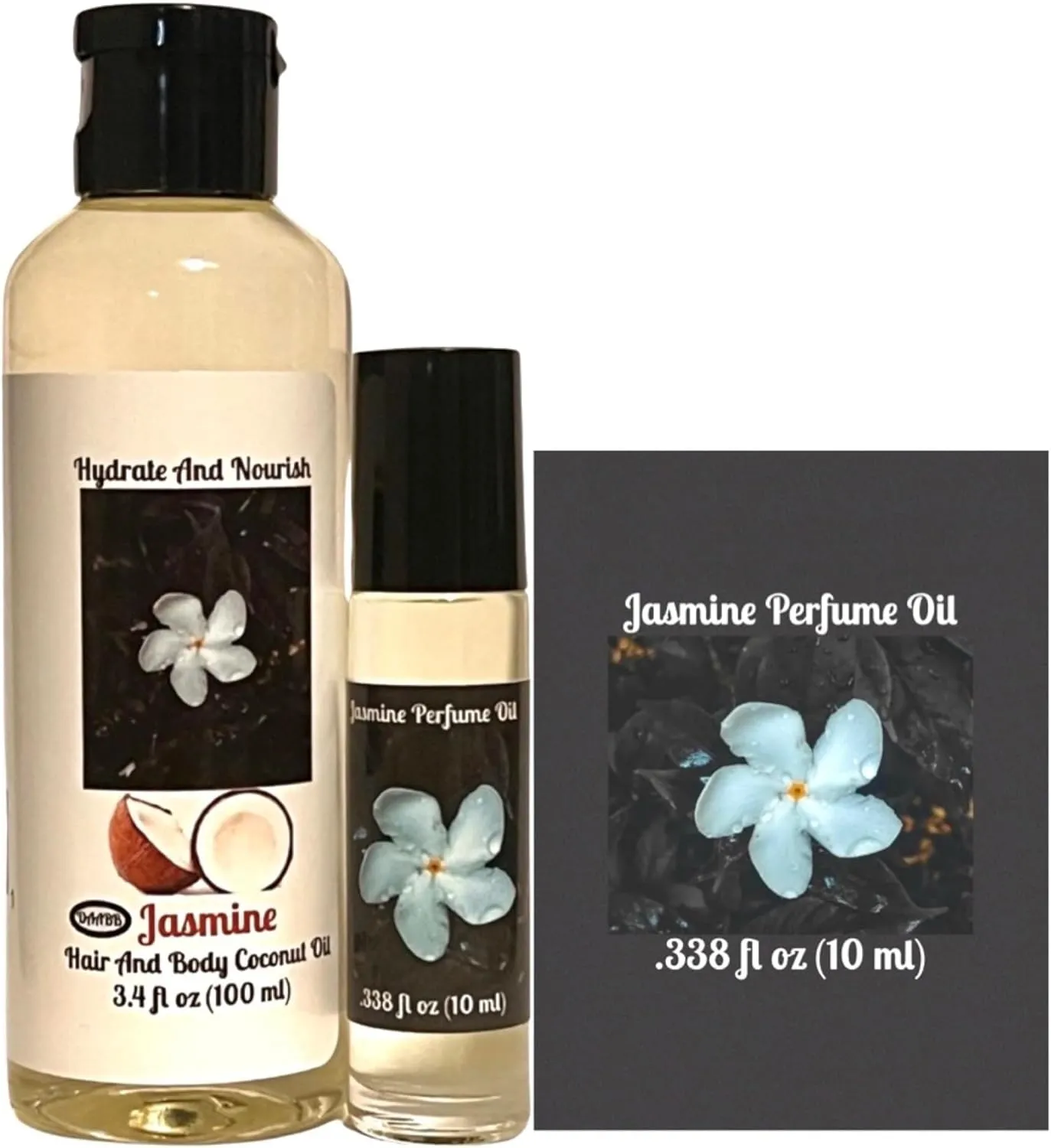 2 Pack Perfume Oil & Body Oil Set. Jasmine Scent Coconut Oil for Hair, Skin & Nails. Roll-On Perfume Oil Scented Body Oil Massage Oil. 3.4 Fl oz, 10ml