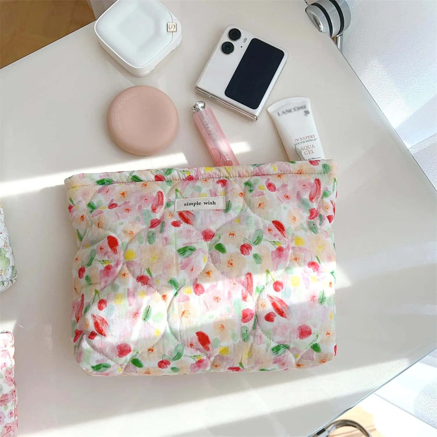 2 Pcs Floral Makeup Bag Large Travel Cotton Quilted Cosmetic Makeup Bag Organizer, Cute Coquette Aesthetic Zipper Portable Pouch Purse Storage Toiletry Bag for Women Girls accessories