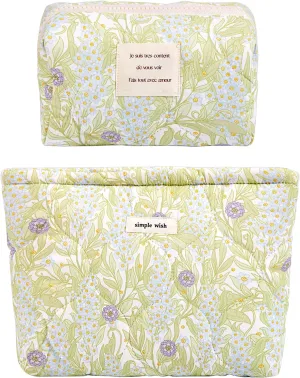 2 Pcs Floral Makeup Bag Large Travel Cotton Quilted Cosmetic Makeup Bag Organizer, Cute Coquette Aesthetic Zipper Portable Pouch Purse Storage Toiletry Bag for Women Girls accessories