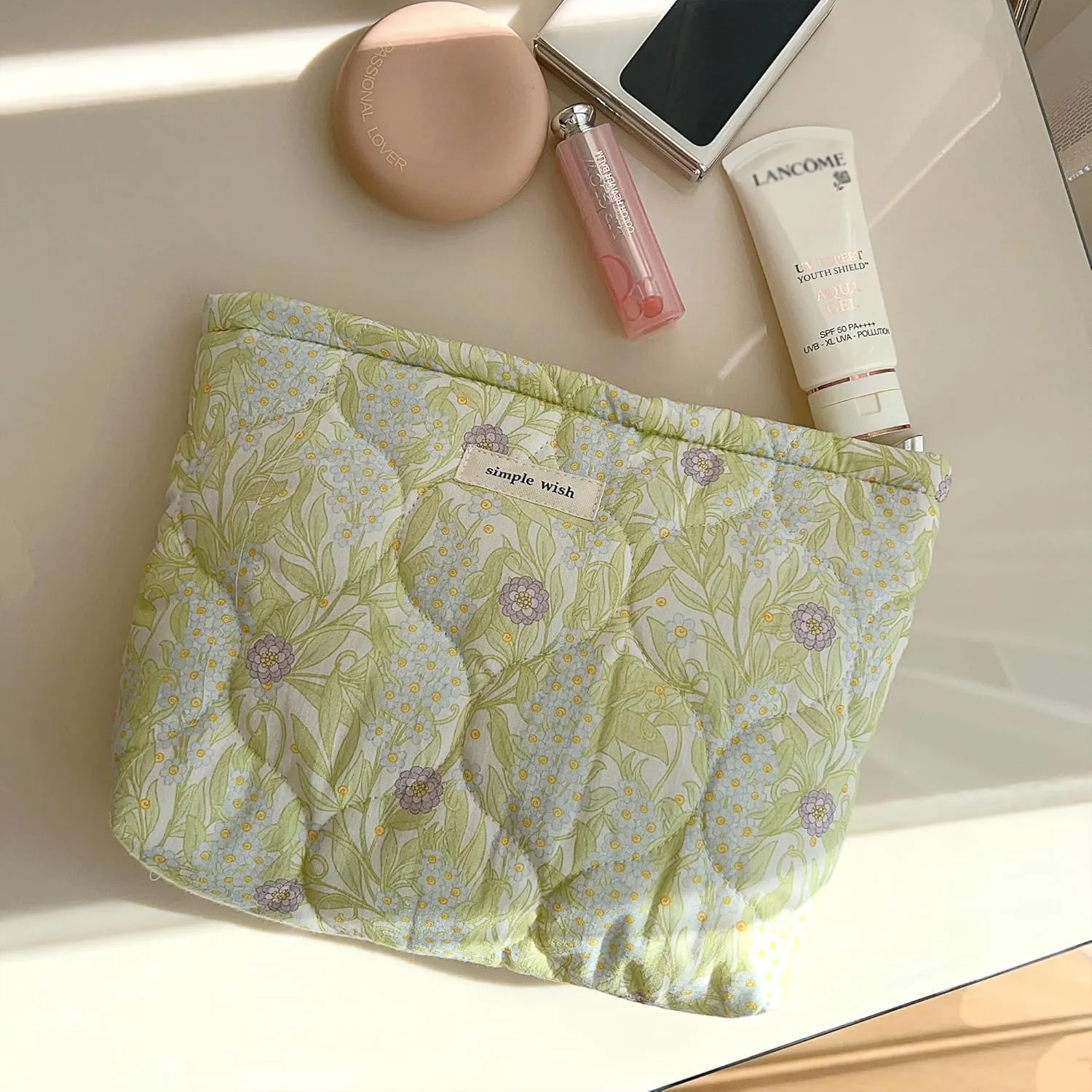 2 Pcs Floral Makeup Bag Large Travel Cotton Quilted Cosmetic Makeup Bag Organizer, Cute Coquette Aesthetic Zipper Portable Pouch Purse Storage Toiletry Bag for Women Girls accessories