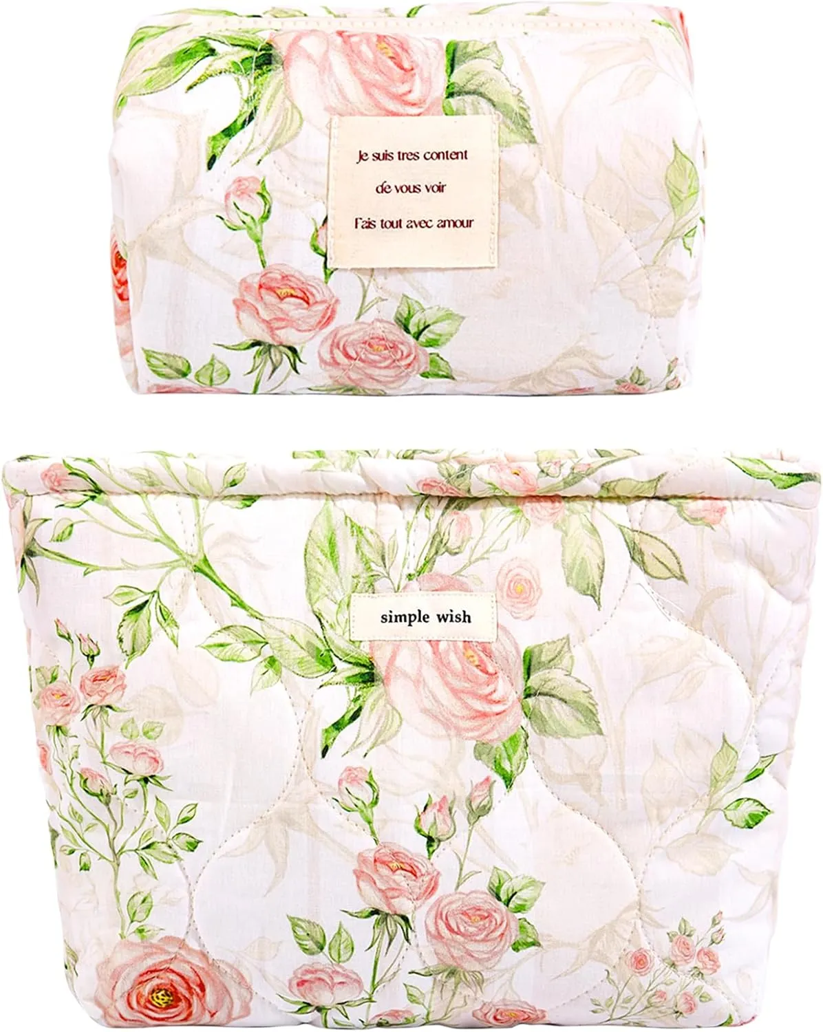 2 Pcs Floral Makeup Bag Large Travel Cotton Quilted Cosmetic Makeup Bag Organizer, Cute Coquette Aesthetic Zipper Portable Pouch Purse Storage Toiletry Bag for Women Girls accessories