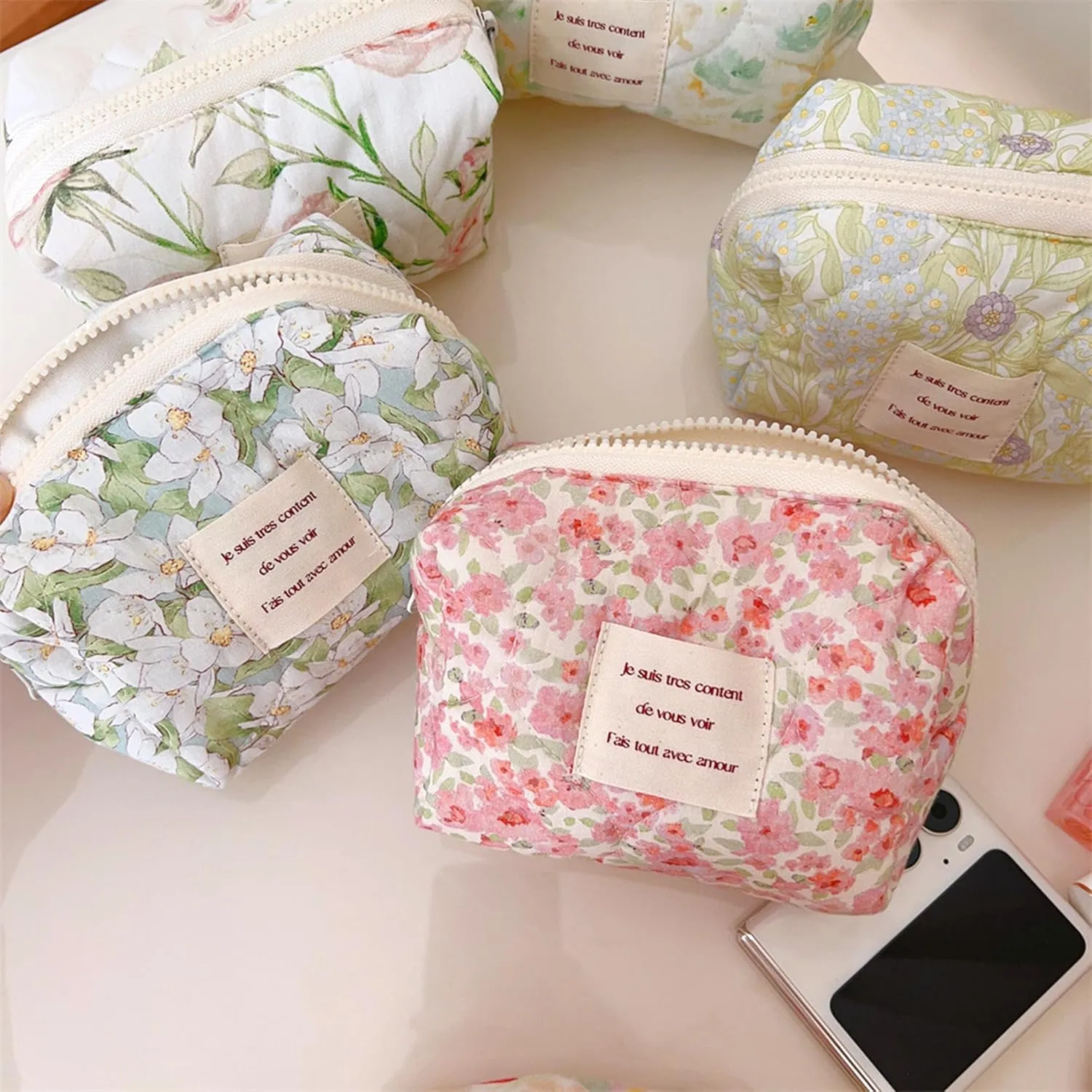 2 Pcs Floral Makeup Bag Large Travel Cotton Quilted Cosmetic Makeup Bag Organizer, Cute Coquette Aesthetic Zipper Portable Pouch Purse Storage Toiletry Bag for Women Girls accessories