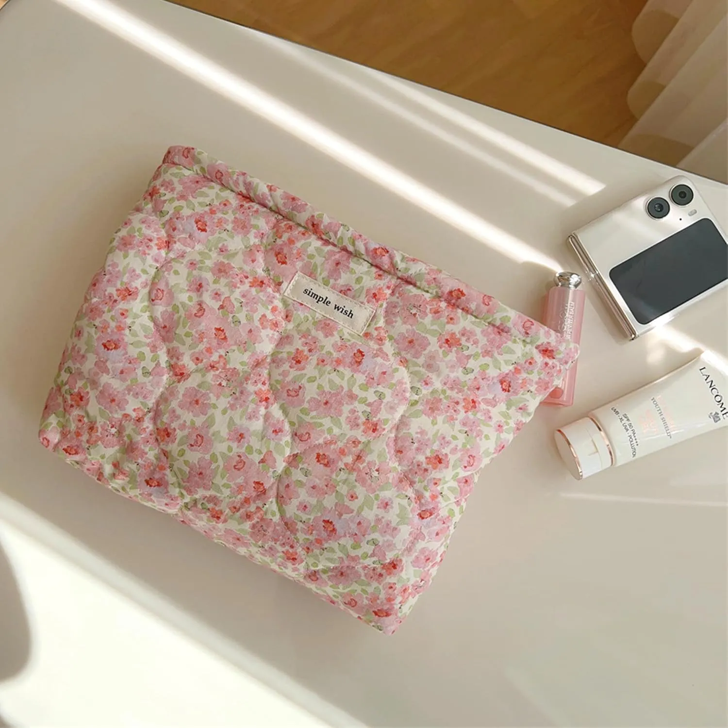 2 Pcs Floral Makeup Bag Large Travel Cotton Quilted Cosmetic Makeup Bag Organizer, Cute Coquette Aesthetic Zipper Portable Pouch Purse Storage Toiletry Bag for Women Girls accessories