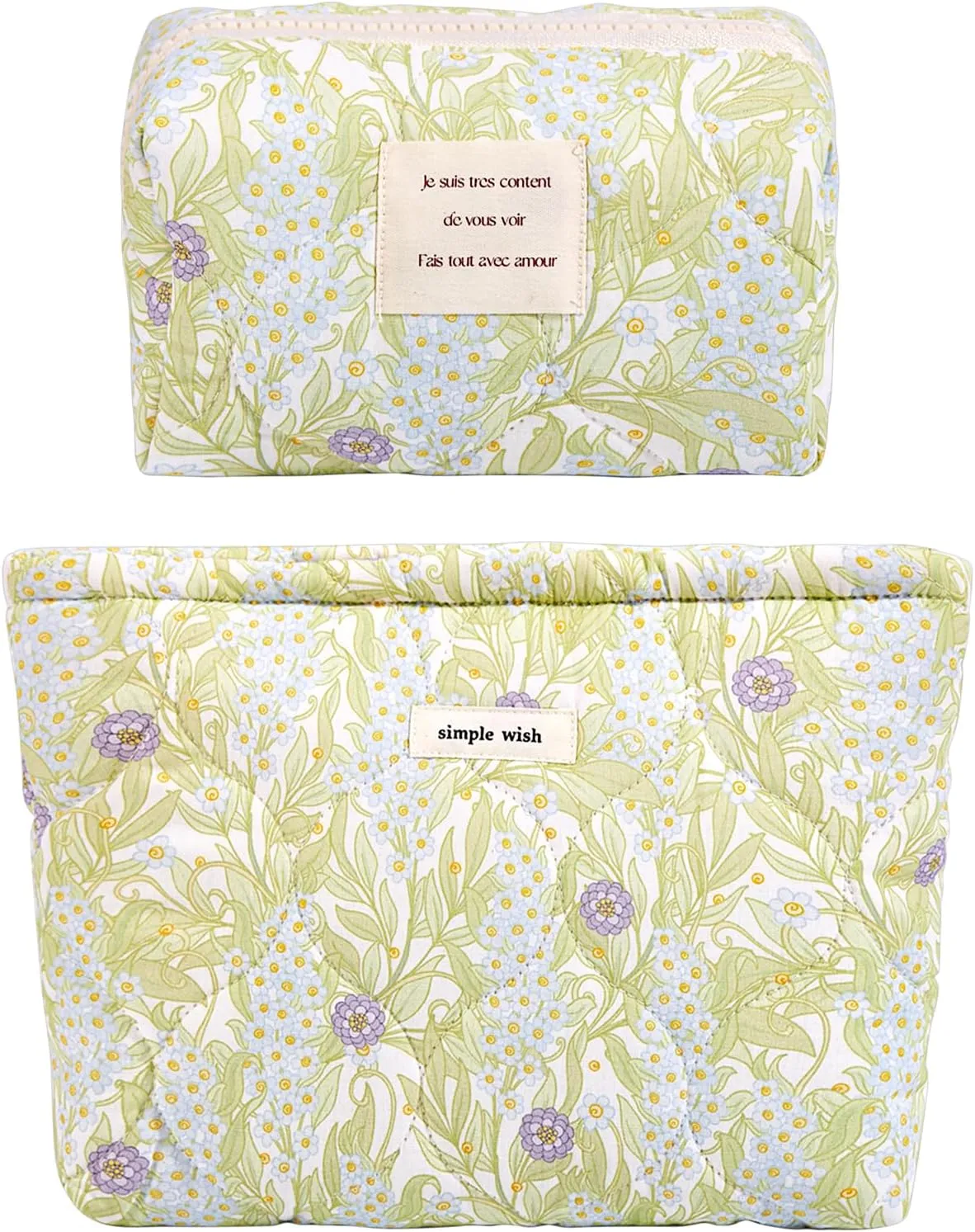 2 Pcs Floral Makeup Bag Large Travel Cotton Quilted Cosmetic Makeup Bag Organizer, Cute Coquette Aesthetic Zipper Portable Pouch Purse Storage Toiletry Bag for Women Girls accessories