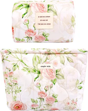 2 Pcs Floral Makeup Bag Large Travel Cotton Quilted Cosmetic Makeup Bag Organizer, Cute Coquette Aesthetic Zipper Portable Pouch Purse Storage Toiletry Bag for Women Girls accessories