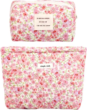 2 Pcs Floral Makeup Bag Large Travel Cotton Quilted Cosmetic Makeup Bag Organizer, Cute Coquette Aesthetic Zipper Portable Pouch Purse Storage Toiletry Bag for Women Girls accessories