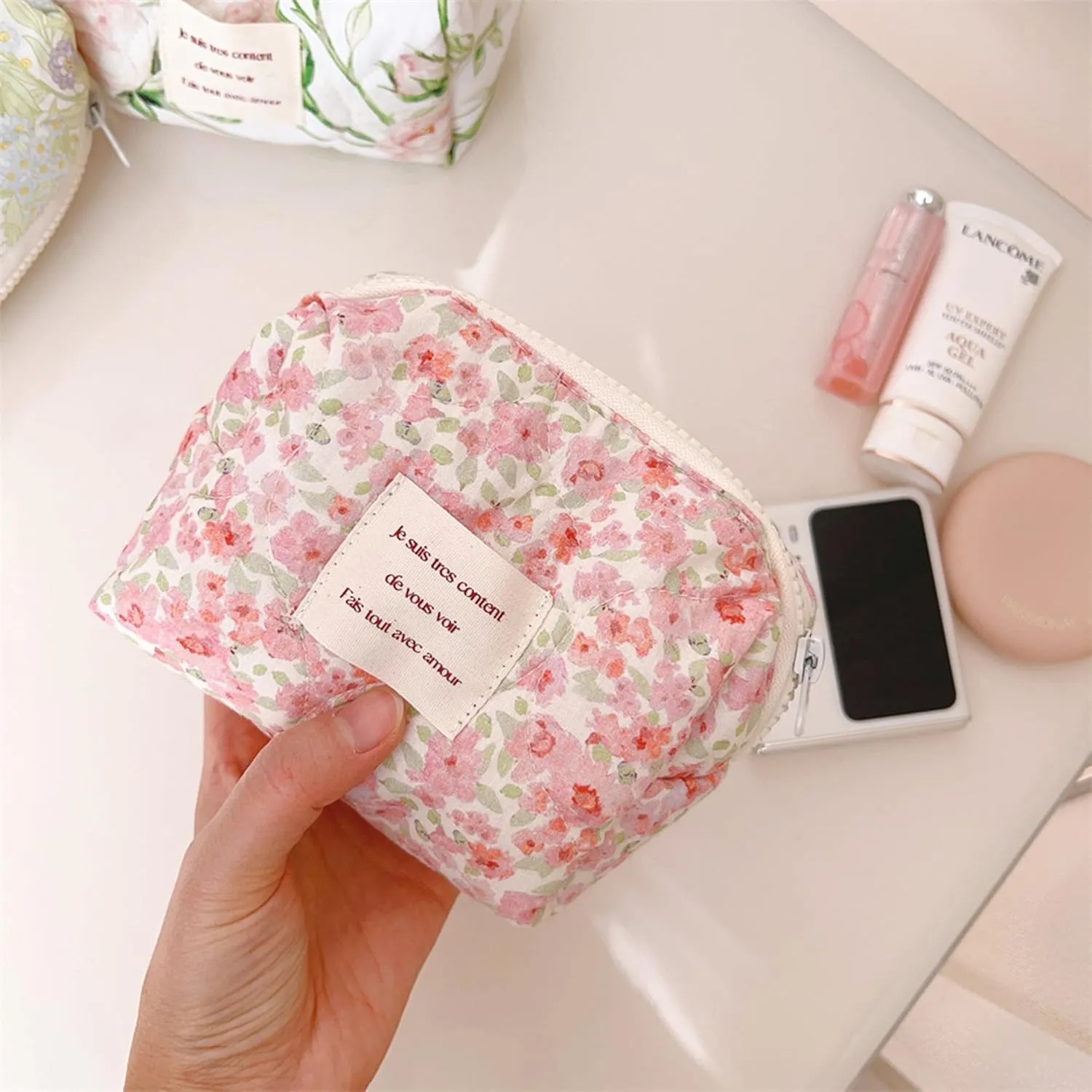 2 Pcs Floral Makeup Bag Large Travel Cotton Quilted Cosmetic Makeup Bag Organizer, Cute Coquette Aesthetic Zipper Portable Pouch Purse Storage Toiletry Bag for Women Girls accessories