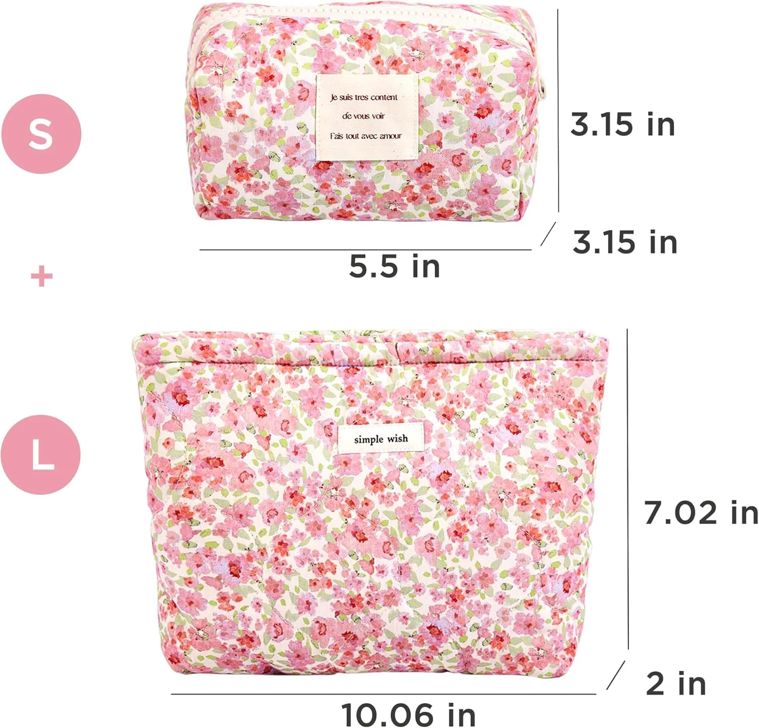 2 Pcs Floral Makeup Bag Large Travel Cotton Quilted Cosmetic Makeup Bag Organizer, Cute Coquette Aesthetic Zipper Portable Pouch Purse Storage Toiletry Bag for Women Girls accessories
