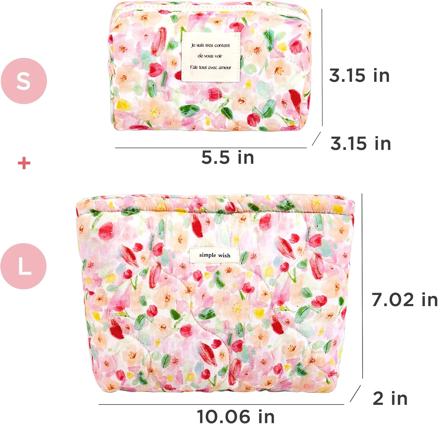 2 Pcs Floral Makeup Bag Large Travel Cotton Quilted Cosmetic Makeup Bag Organizer, Cute Coquette Aesthetic Zipper Portable Pouch Purse Storage Toiletry Bag for Women Girls accessories