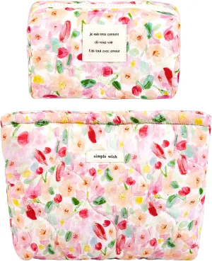 2 Pcs Floral Makeup Bag Large Travel Cotton Quilted Cosmetic Makeup Bag Organizer, Cute Coquette Aesthetic Zipper Portable Pouch Purse Storage Toiletry Bag for Women Girls accessories