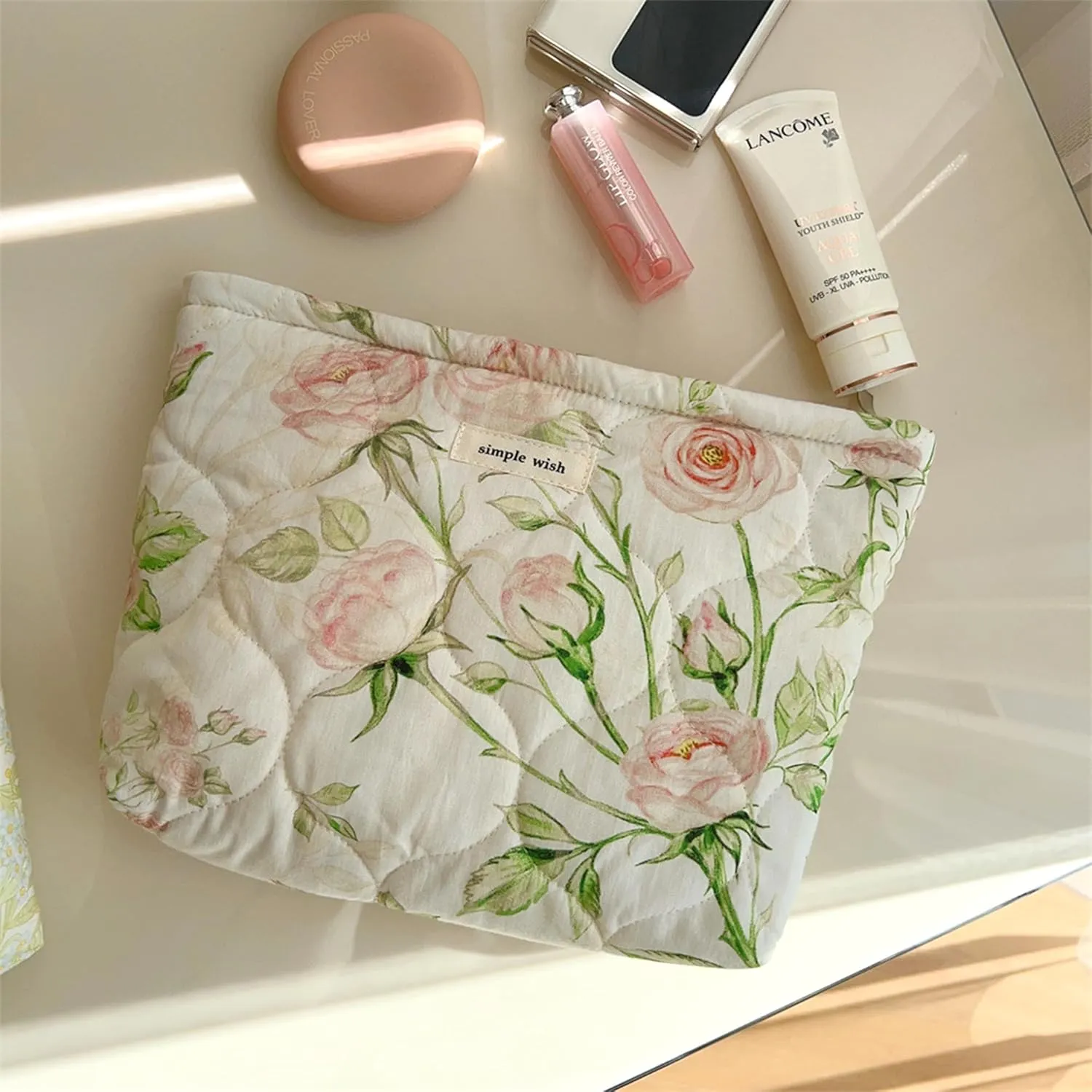 2 Pcs Floral Makeup Bag Large Travel Cotton Quilted Cosmetic Makeup Bag Organizer, Cute Coquette Aesthetic Zipper Portable Pouch Purse Storage Toiletry Bag for Women Girls accessories