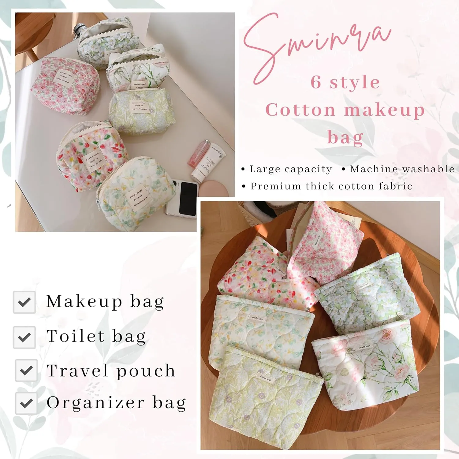 2 Pcs Floral Makeup Bag Large Travel Cotton Quilted Cosmetic Makeup Bag Organizer, Cute Coquette Aesthetic Zipper Portable Pouch Purse Storage Toiletry Bag for Women Girls accessories