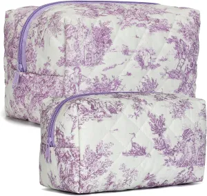 2 PCS Quilted Makeup Bag,Cute Cotton Cosmetic Bag,Large Travel Toiletry Bag Makeup Brushes Storage Organizer for Women-Classical Purple