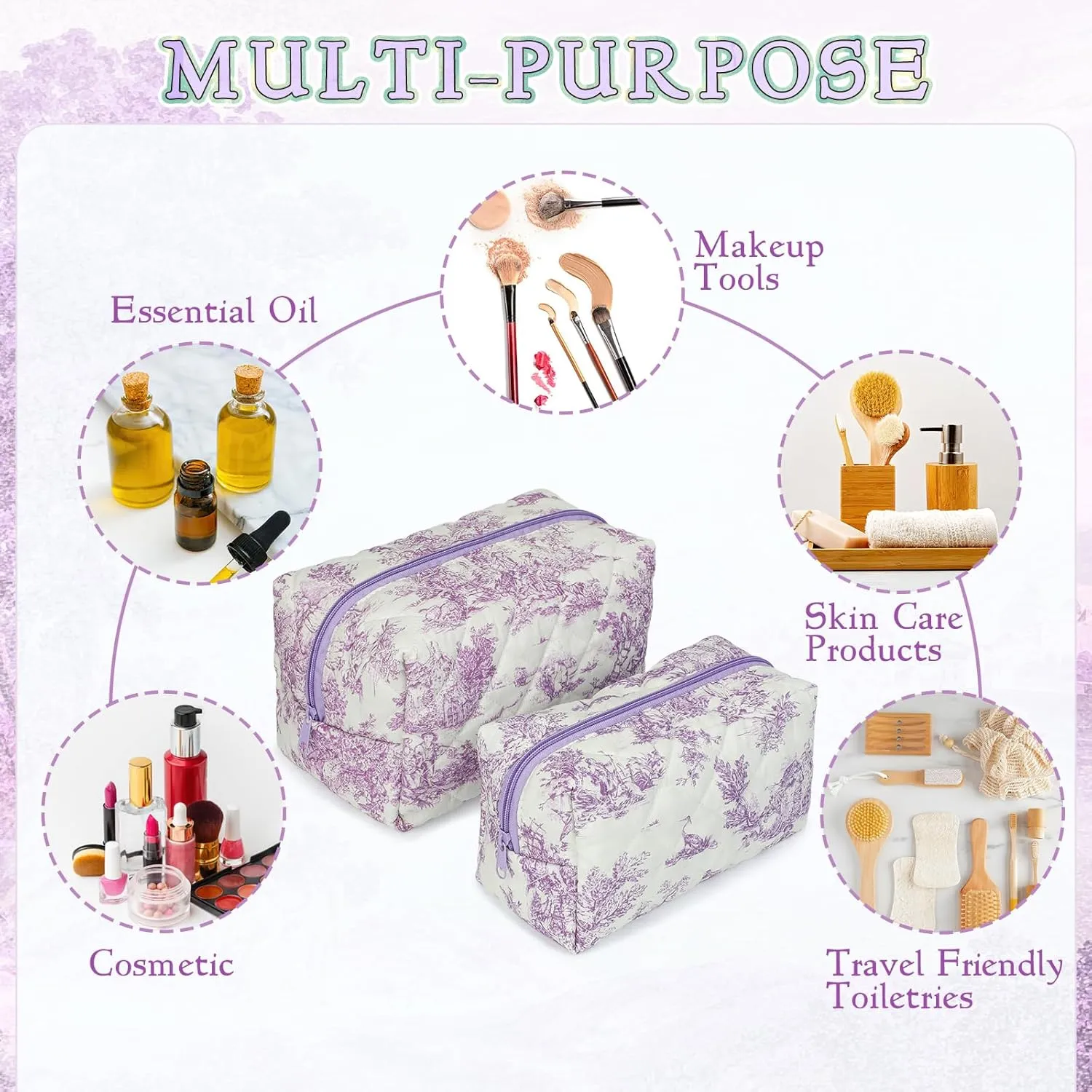 2 PCS Quilted Makeup Bag,Cute Cotton Cosmetic Bag,Large Travel Toiletry Bag Makeup Brushes Storage Organizer for Women-Classical Purple