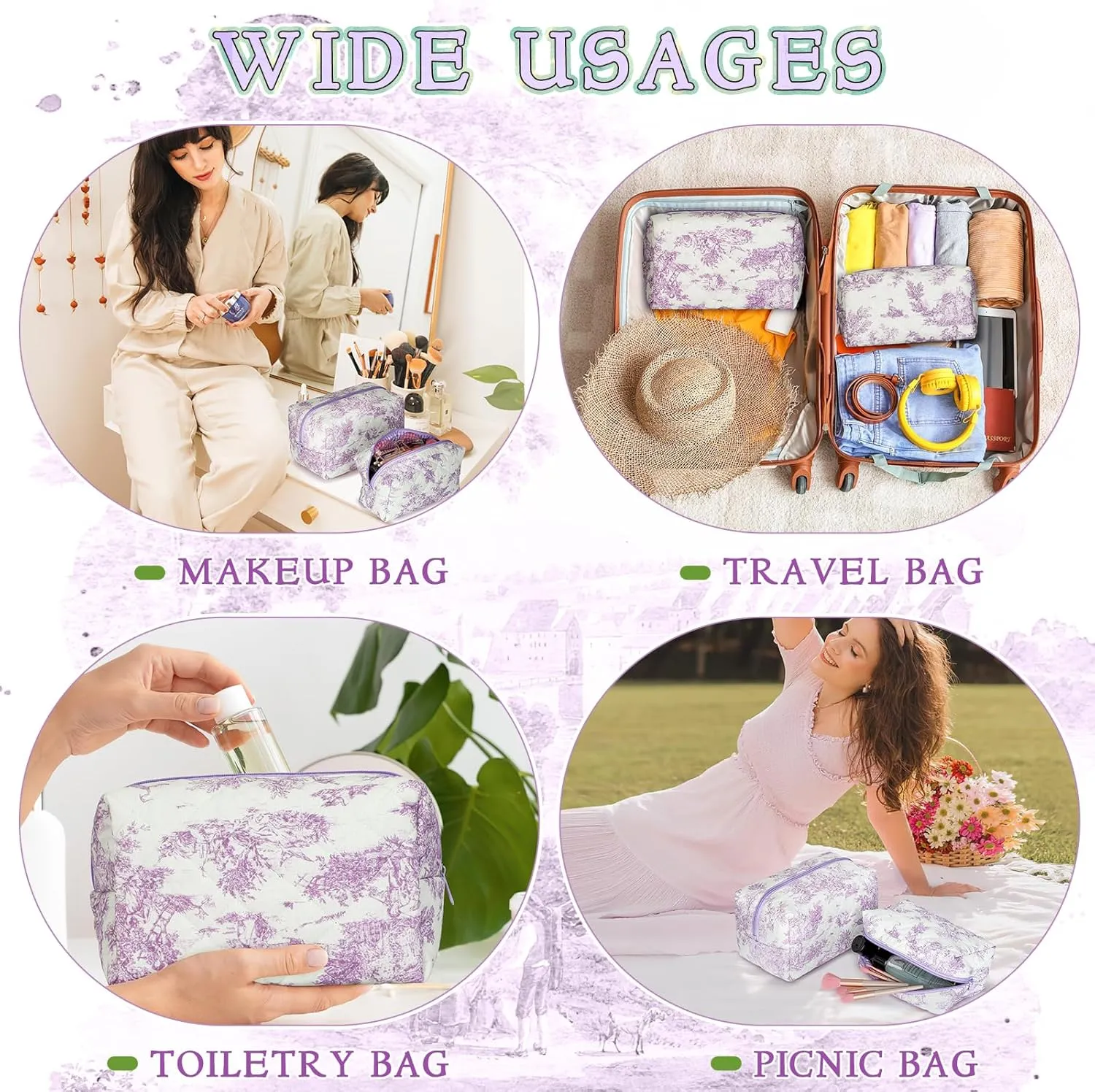 2 PCS Quilted Makeup Bag,Cute Cotton Cosmetic Bag,Large Travel Toiletry Bag Makeup Brushes Storage Organizer for Women-Classical Purple